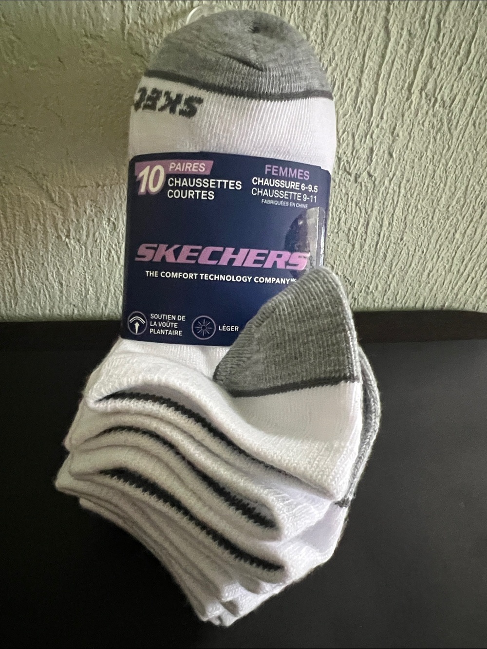#2809*Skechers Women's Low Cut 10-Pack Socks/White & Gray W/Pink Accent